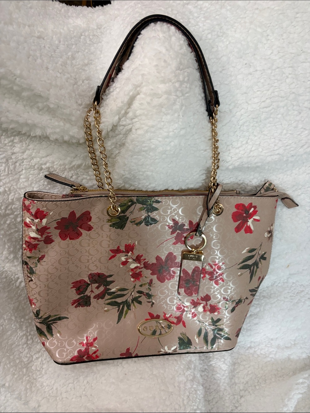 Guess Beige Floral Tote with Red Accents and Gold Chain Handles